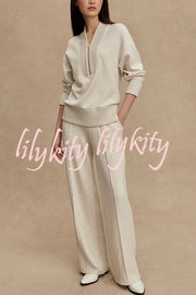 Meet The Autumn Ribbed Zipper Neck Sweatshirt and Elastic Waist Pocketed Loose Pants Set