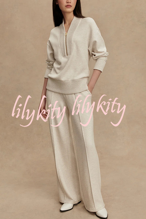 Meet The Autumn Ribbed Zipper Neck Sweatshirt and Elastic Waist Pocketed Loose Pants Set