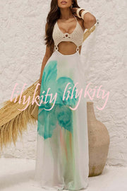 Lily Crochet Knit Bust Ring Floral Print Tulle Hem Maxi Dress