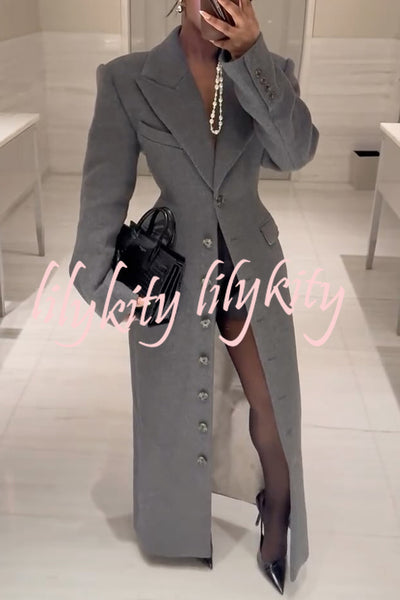 Elegant Lapel Long Sleeve Button High Waist Long Coat