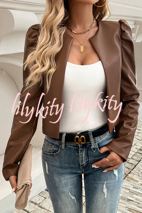 Yelissa Faux Leather Statement Long Sleeve Open Front Crop Jacket