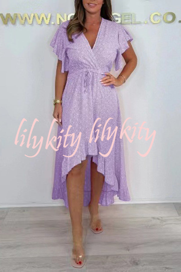 Resort Style V-neck Ruffle Sleeves Waist Tie Irregular Midi Dress
