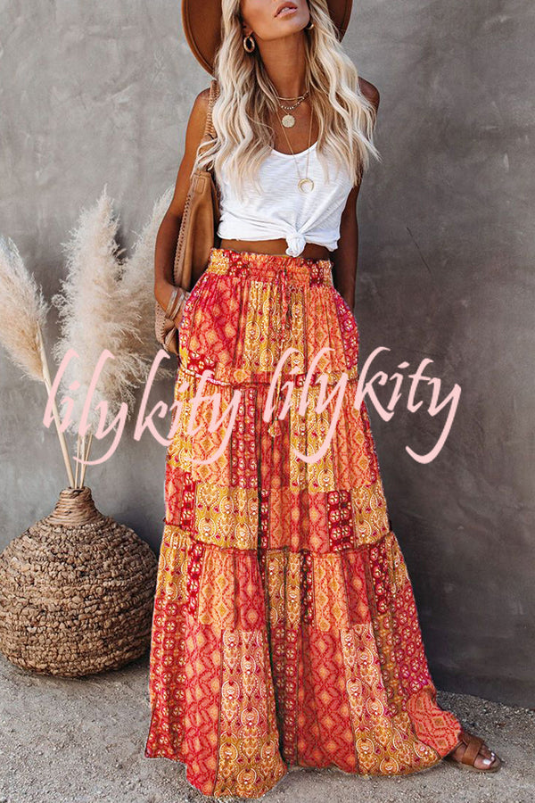 Floral Print Stretch Elastic Waist Pocket High Waist Skirt