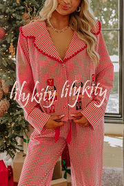 Nutcracker Charm Embroidered Gingham Loose Shirt and Elastic Waist Pajama Set