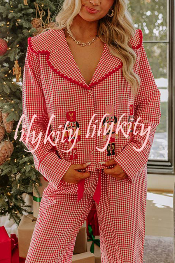 Nutcracker Charm Embroidered Gingham Loose Shirt and Elastic Waist Pajama Set