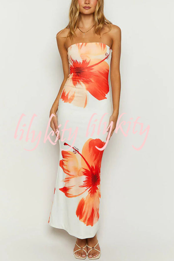 Emmaline Abstract Floral Print Bandeau Stretch Maxi Dress