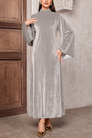 Solid Color Velvet Bell Sleeves Tie Waist Elegant Maxi Dress