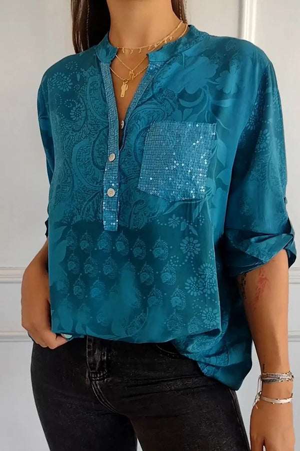 Botanical Floral Print Casual Fashion Sequin Pocket Shirt Top