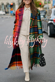 Fashionable Color-block Plaid Print Lapel Long-sleeved Casual Long Coat