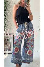 Hippie Style Unique Floral Denim Print Elastic Waist Pocketed Wide Leg Pants