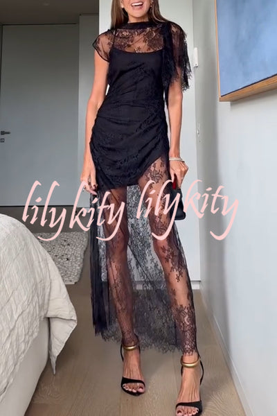 Romantic Statement Lace One Shoulder Bell Sleeve Asymmetrical Maxi Dress