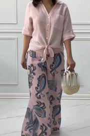 Fashion Lapel Long Sleeve Casual Shirt and Unique Print Elastic Waist Pocket Wide Leg Pants Set