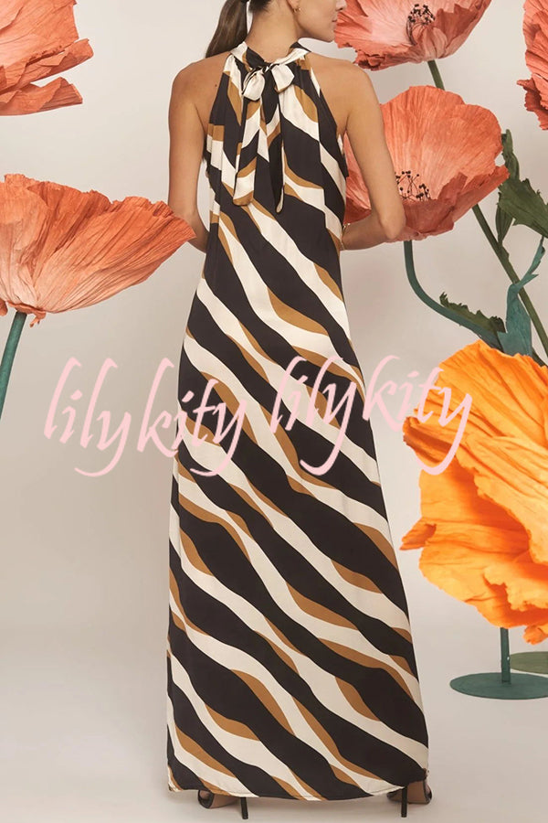 Uptown Cafe Satin Color Block Print Tie-up Neck Maxi Dress