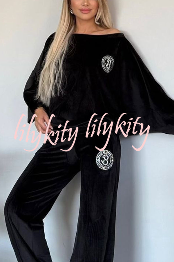 Solid Color Velvet Round Neck Bat Sleeve Casual Top and Elastic Waist Loose Pocket Pants Set