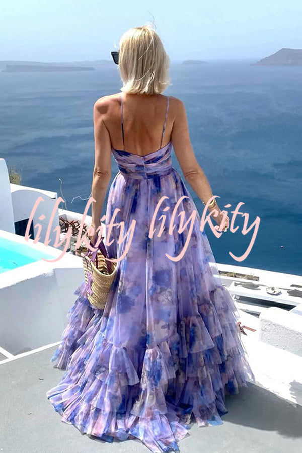 Dreamy Clouds Tulle Printed Rose Detail Cutout Ruffles Tiered Halter Maxi Dress