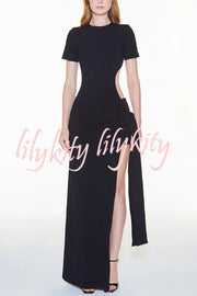 Holiday Party Ribbed Knit Cutout Waist Straps Slit Maxi Dress