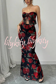 Floral Print Sexy Bandeau Lace-up Top and Slim Mesh Stretch Maxi Skirt Set