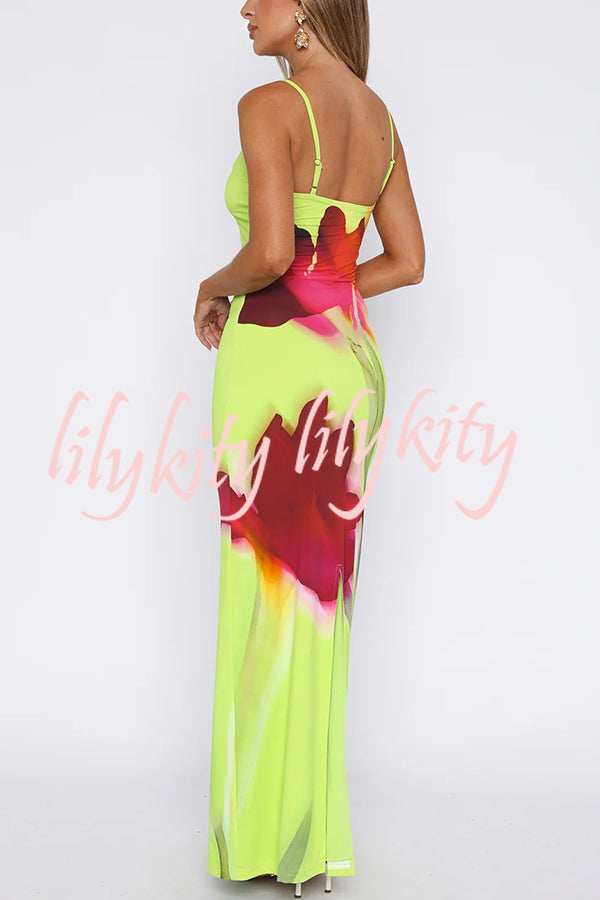 Botanical Floral Print Suspender Backless Slim Fit Slit Holiday Maxi Dress