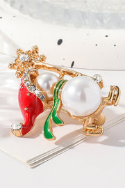 Christmas Snowman Diamond Pearl Ski Brooch