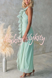 Fashion One-shoulder Pleated Sexy High Slit Slim Dress
