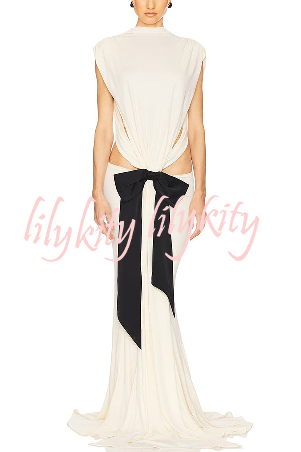 Sexy Open Back Bow Embellished Elegant Fishtail Maxi Dress