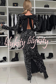 My Space Velvet Sequin Long Sleeve Open Back Bow Detail Stretch Maxi Dress