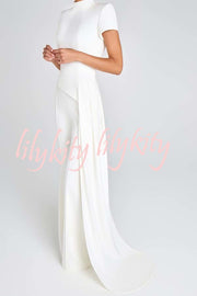 Pippa High Neck Short Sleeve Irregular Drape Hem Top and Elastic Waist Flare Pants Set