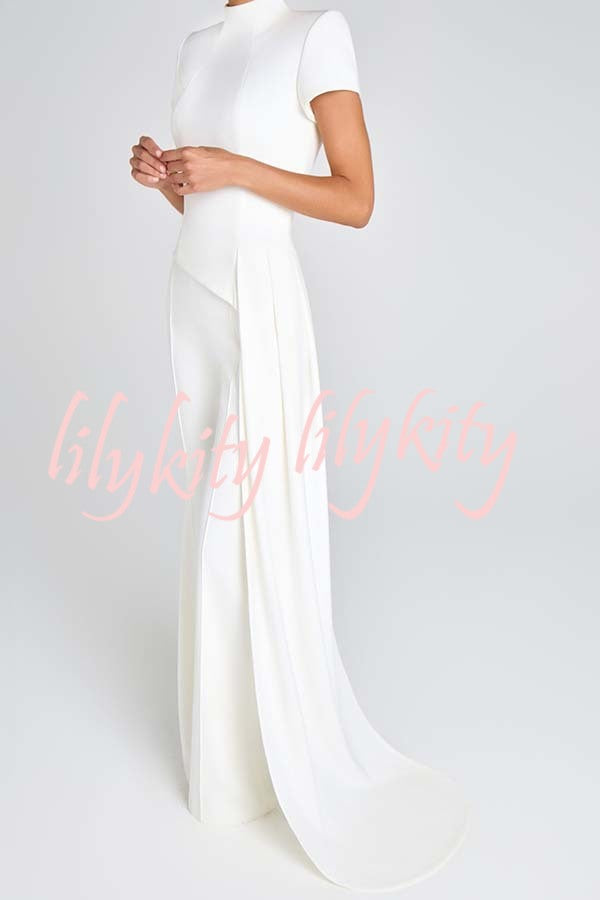 Pippa High Neck Short Sleeve Irregular Drape Hem Top and Elastic Waist Flare Pants Set