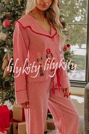 Nutcracker Charm Embroidered Gingham Loose Shirt and Elastic Waist Pajama Set