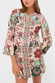 Autumn Garden Printed V-neck Long Bell Sleeve Top and Mid Rise Skirt Set
