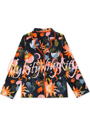 Evening Routine Unique Print Color-block Trim Loose Shirt and Elastic Waist Pocketed Pajama Set