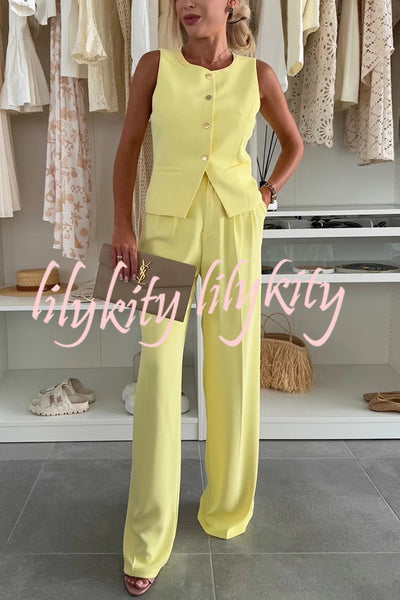 Workplace Chic Sleeveless Button Vest and Relaxed Pocket Wide Leg Pants Set