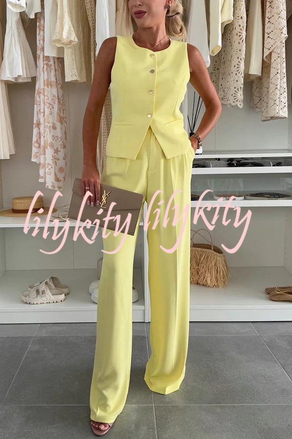 Workplace Chic Sleeveless Button Vest and Relaxed Pocket Wide Leg Pants Set