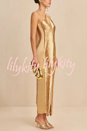 Sexy Allnight Metallic Halterneck Backless Fringed Slit Maxi Dress