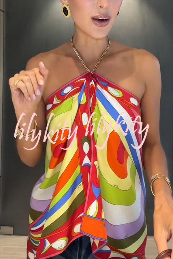 Artistic Girl Satin Unique Print Metal Chain Halter Draped Scarf Tank