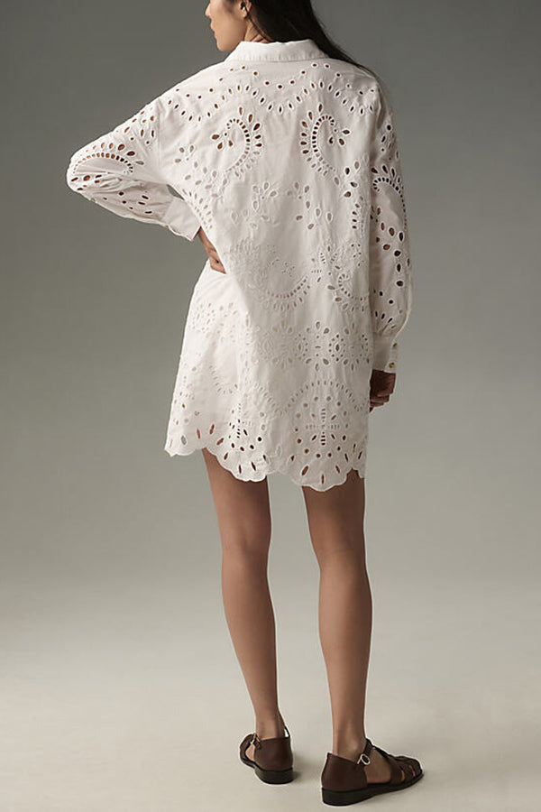 Solid Color Hollow Embroidery Casual Long Sleeve Loose Shirt