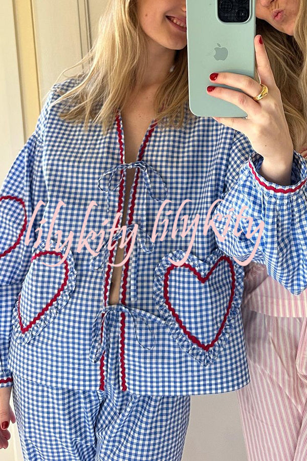 Lovely Plaid Heart Pattern Casual Lace-up Pocket Loose Shirt