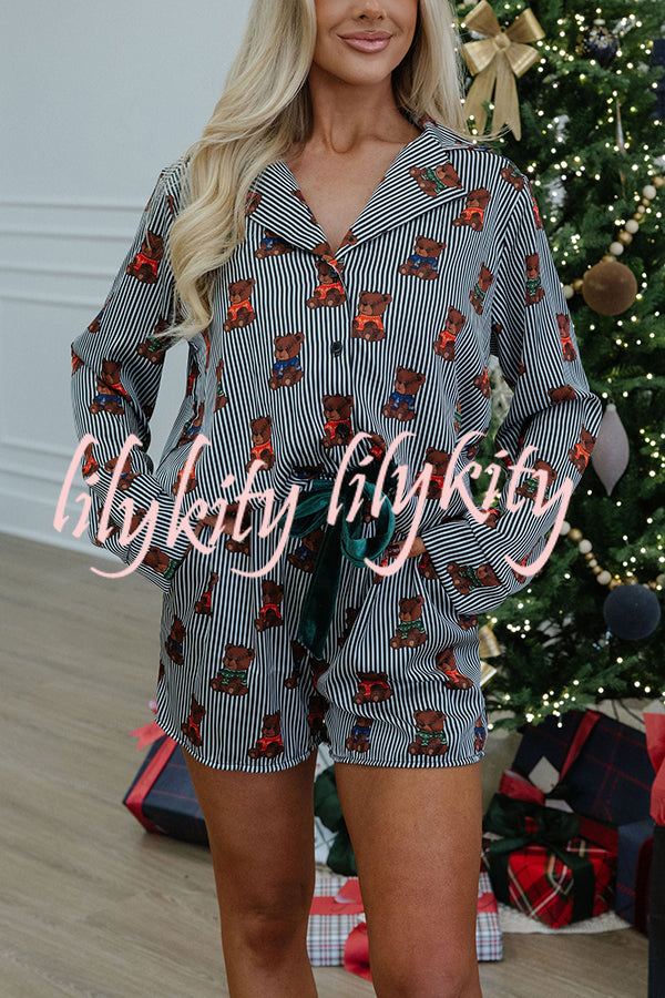Teddy Bear Satin Striped Short Sleeve Shirt and Velvet Elastic Waist Pocketed Pajama Set