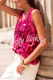 Fashionable Sequined Round Neck Sleeveless Loose Vest