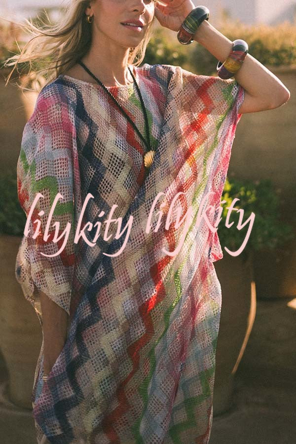 Sun Washed Knit Colorful Zigzag Pattern Asymmetric Hem Loose Cover-ups Kaftan