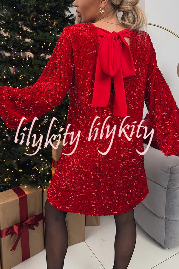 Velvet Sequin Back Bow Bell Sleeves Loose Mini Dress