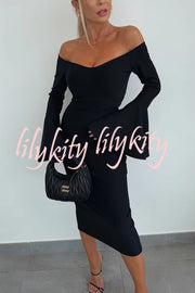 Solid Color Sexy Off-shoulder Trumpet Sleeve Slim Midi Dress