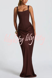 Larrah Square Neck Back Lace-up Satin Drape Hem Maxi Dress