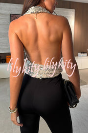 Dazzling Night Sequin Halter Cowl Neck Backless Tank