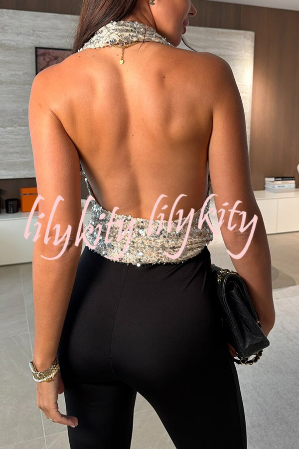 Dazzling Night Sequin Halter Cowl Neck Backless Tank