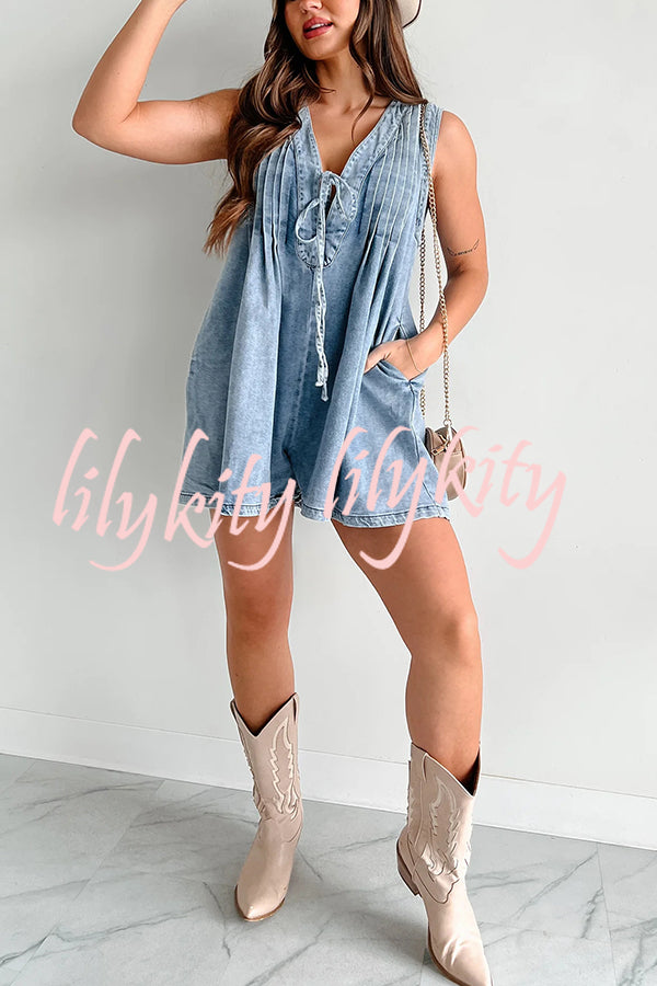 Downtown Daze Denim Pleated Tie-up Pocketed Loose Romper