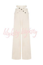 Leia High Neck Button Bell Sleeve Top and Cutout Waist Metal Pocketed Flare Pants Set