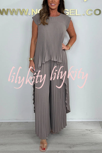 Laney Pleated Short Sleeve Irregular Midi Top and Elastic Waist Wide Leg Pants Set