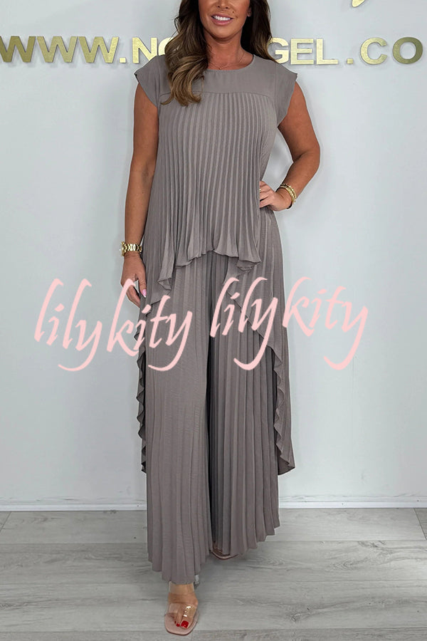 Laney Pleated Short Sleeve Irregular Midi Top and Elastic Waist Wide Leg Pants Set