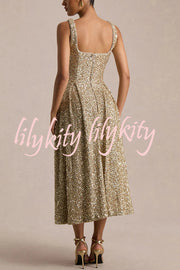 Effortless Sparkle Sequin Square Neck Wide Strap A-Line Midi Dress